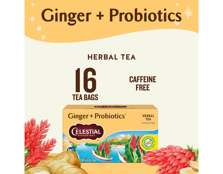 Ginger + Probiotics Herbal Tea; Ginger + Probiotics
HERBAL TEA
16 TEA BAGS
CAFFEINE
FREE