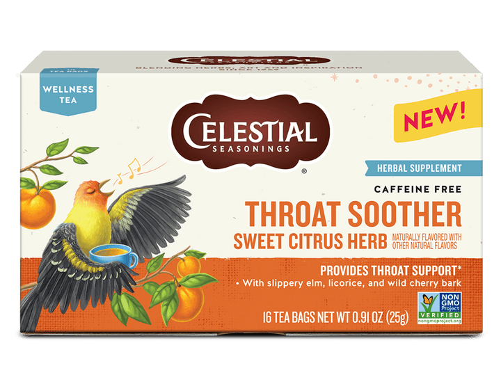 Celestial Seasonings Throat Soother tea box featuring a singing bird with citrus fruits. Labels highlight "sweet citrus herb" and "caffeine-free."
