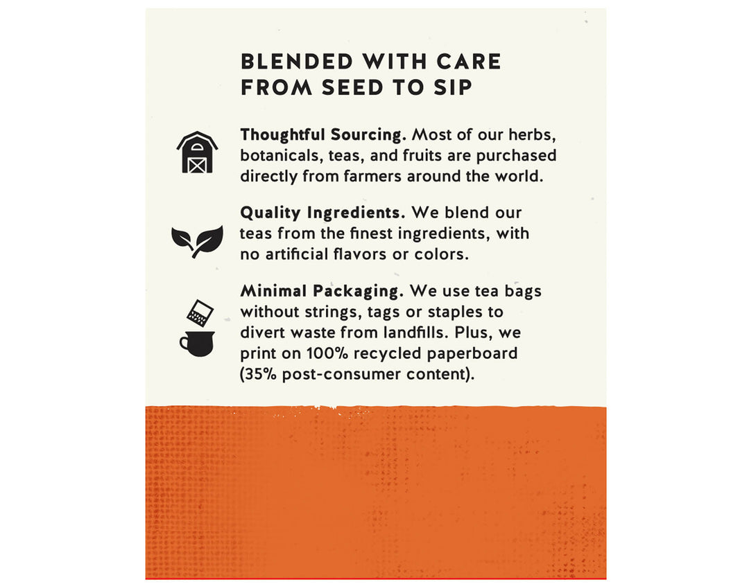 Text about sustainable tea practices with icons. Highlights thoughtful sourcing, quality ingredients, and minimal packaging on an orange background.