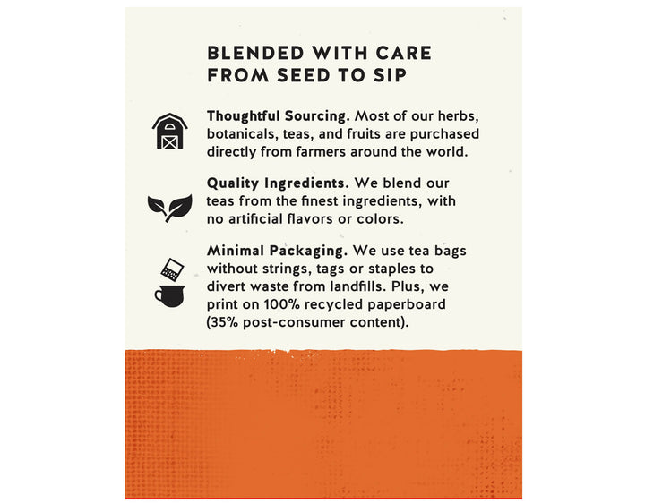 Text about sustainable tea practices with icons. Highlights thoughtful sourcing, quality ingredients, and minimal packaging on an orange background.