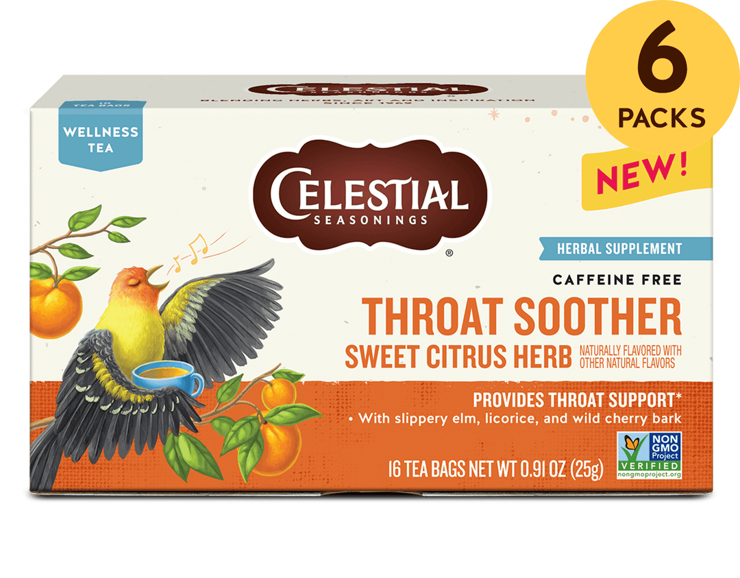 6 packs texts on the top right. Celestial Seasonings Throat Soother tea box featuring a singing bird with citrus fruits. Labels highlight "sweet citrus herb" and "caffeine-free."