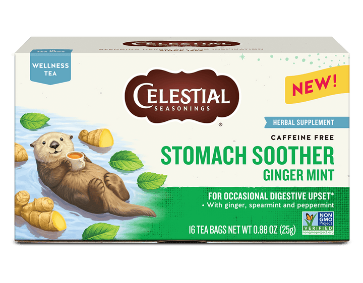 Packaging for Celestial Seasonings' "Stomach Soother" tea features a relaxed otter holding a cup, surrounded by ginger and mint leaves. It is labeled caffeine-free and promotes digestion.