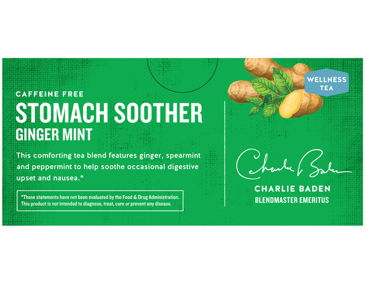 Green tea box labeled "Stomach Soother Ginger Mint." Includes images of ginger roots and mint leaves. Text highlights soothing properties for digestion.
