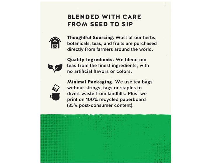 Infographic titled 'Blended with Care from Seed to Sip' outlines the principles of thoughtful sourcing, quality ingredients, and minimal packaging. Black icons of a barn, leaf, and cup accompany each section. The background is off-white with a textured green bottom edge.