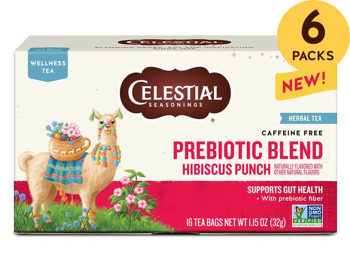 6 packs texts on the top right. A colorful tea box featuring an alpaca with flowers and fruit, labeled "Celestial Seasonings Prebiotic Blend Hibiscus Punch," highlighting "caffeine free" and "supports gut health."