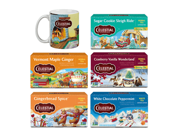 Celestial Seasonings tea packages and a mug called Festive Favorites Tea & Mug Gift Set 