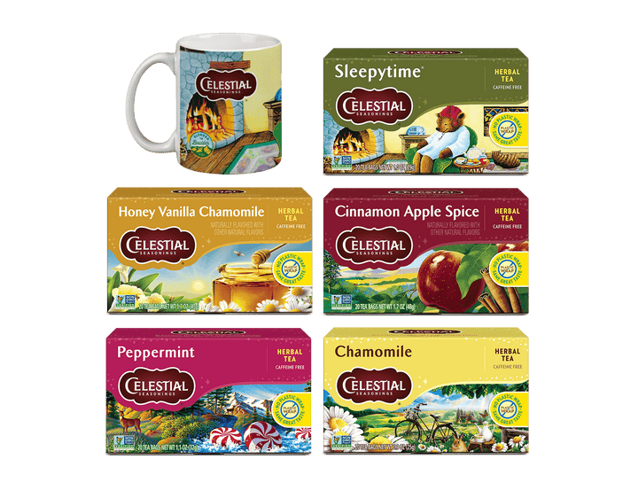 Celestial Seasonings tea boxes and a mug called Herbal Favorites Tea & Mug Gift Set